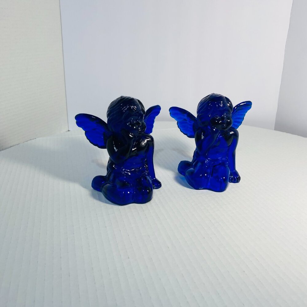 VTG Two Cobalt Blue Glass Sitting Angel Cherub Taper Candle Holders 5"x 5"x 5" - Picture 5 of 17